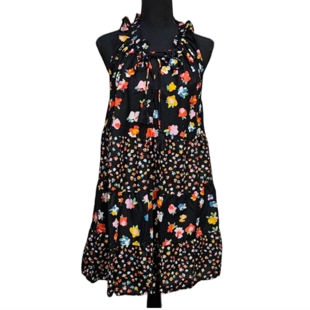 Mud Pie Elgin Swing Dress Floral Ruffle Collar Tiered 100% Cotton Black Size M